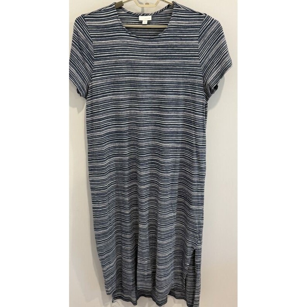 Pure Jill J Jill Shirt Dress Navy Blue Stripe Short Sleeve Maxi Long Pockets Siz